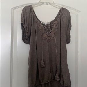 Brown Bohemian Blouse with Tie Up V-neck